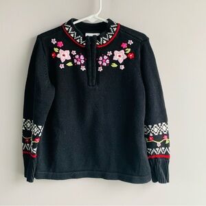 Hanna Andersson Sweater 1/4 Zip Black Pink Embroidered Floral Cotton Girls 5